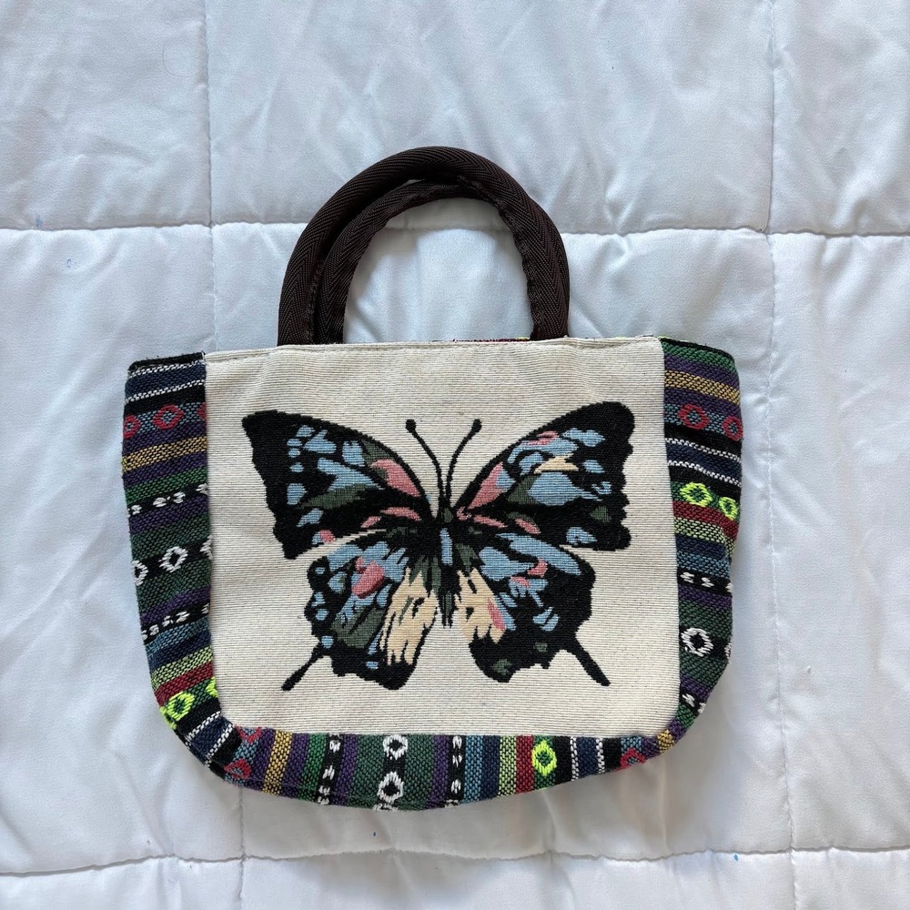Boho Butterfly Woven Tapestry Tote Bag Small Zippered Handbag Striped Hippie Y2K